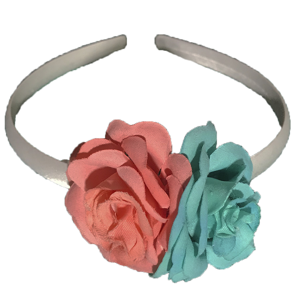 Diadema blanca con flor verdeagua y salmón – Urly Flamenca – Urly Moda